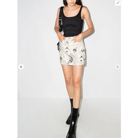 Reformation Skirt Womens 27 Jackie Denim Mini Climate Newsprint Newspaper Edgy - Picture 1 of 11